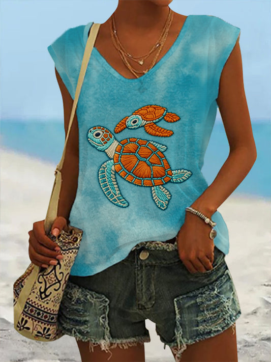 Women's Lovely Sea Turtles  Art Tie Dye Sleeveless T-shirt