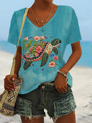 Women's Lovely Sea Turtle Flowers Short Sleeve T-shirt