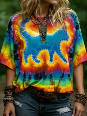 Women's Hippie Abstract Cat Tie-dye Pattern Casual T-shirt