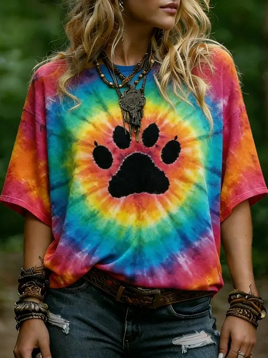 Women's Hippie Abstract Paws Tie-dye Pattern Casual T-shirt