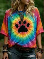 Women's Hippie Abstract Paws Tie-dye Pattern Casual T-shirt