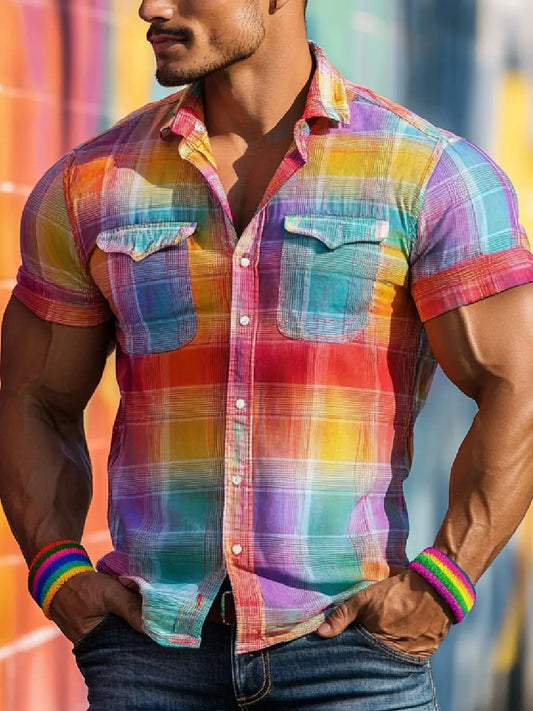 Men's Pride Month Rainbow Plaid Art Printed Shirt
