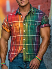 Men's Pride Month Rainbow Plaid Art Printed Shirt