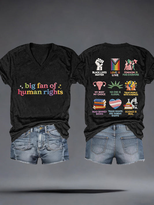 Women's Big Fan of Human Rights Embroidery Pattern V-Neck T-Shirt