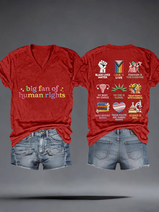 Women's Big Fan of Human Rights Embroidery Pattern V-Neck T-Shirt