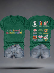 Women's Big Fan of Human Rights Embroidery Pattern V-Neck T-Shirt