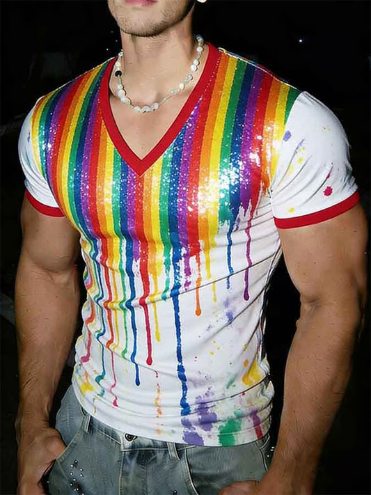 Men's Pride Month Rainbow Art V-Neck Short Sleeve T-shirt