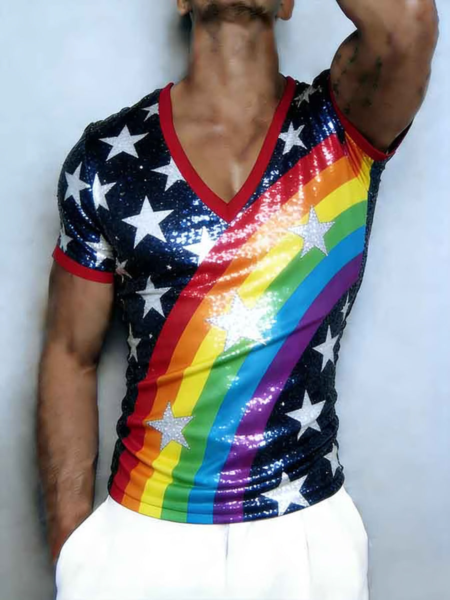 Men's Pride Month Rainbow Art V-Neck Short Sleeve T-shirt