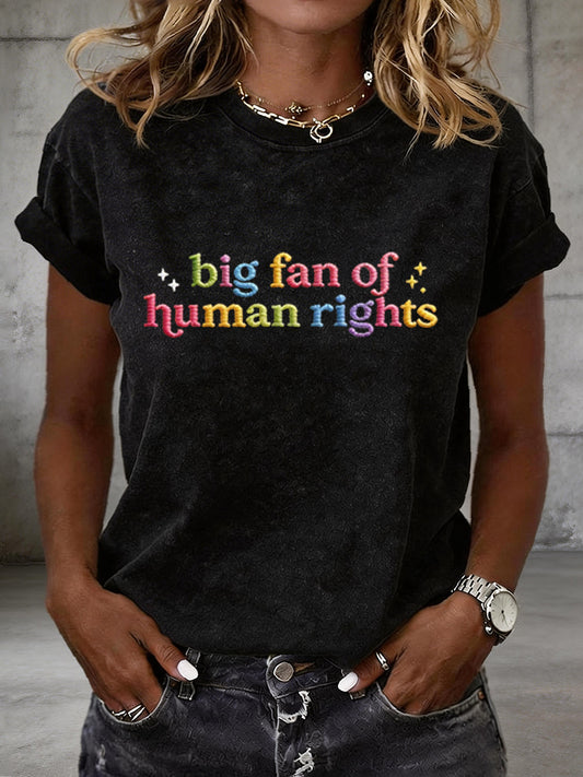 Women's Big Fan of Human Rights Embroidery Pattern T-Shirt