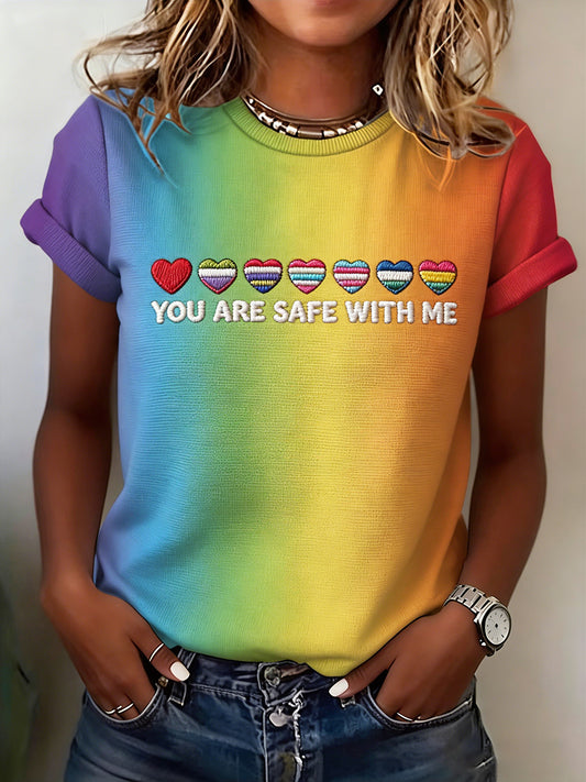 Women's Pride Month Rainbow YOU ARE SAFE WITH ME Print Casual T-Shirt