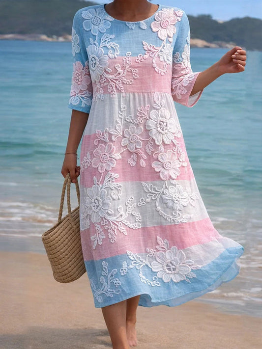 Women's Pink and Blue Floral Print Casual Dress