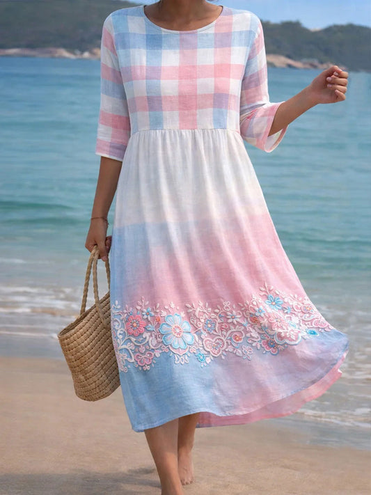 Women's Pink and Blue Floral Print Casual Dress