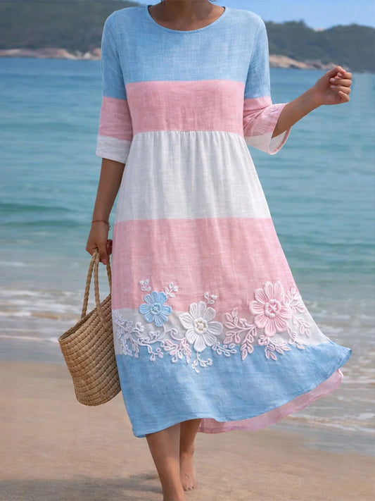 Women's Pink and Blue Floral Print Casual Dress