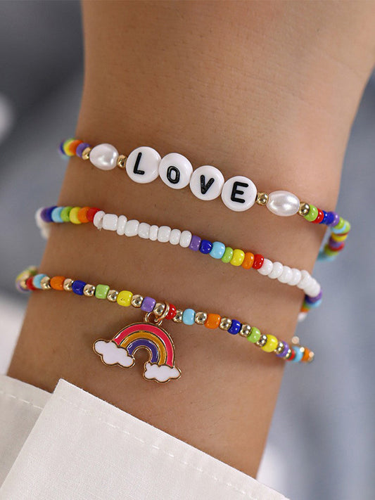 Women's Bohemian Rice Beads Letter LOVE Rainbow Three-piece Bracelet
