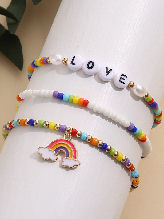 Women's Bohemian Rice Beads Letter LOVE Rainbow Three-piece Bracelet