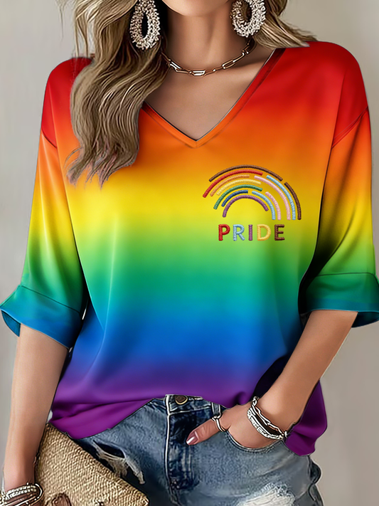 Women's pride rainbow month Mid-length Sleeves V-Neck T-Shirt