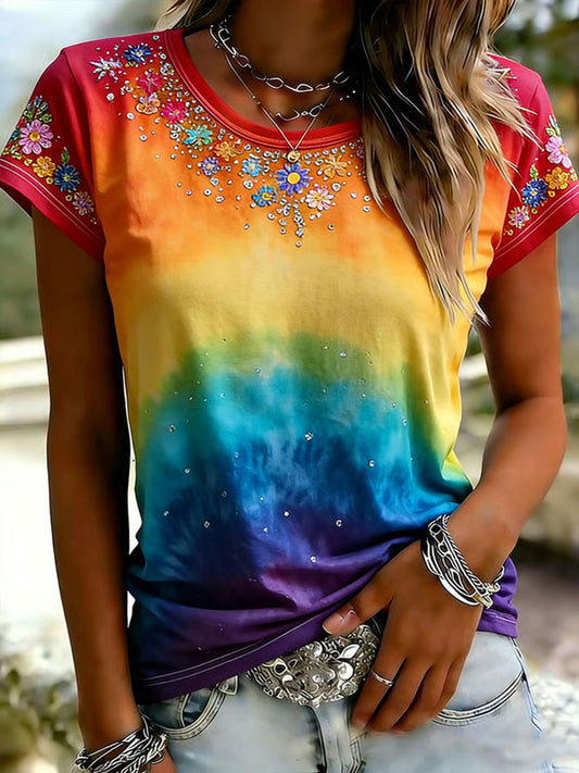 Women's Rainbow Floral Print Casual T-shirt