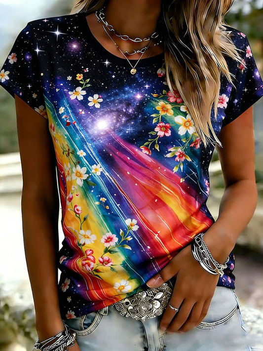 Women's Rainbow Floral Print Casual T-shirt