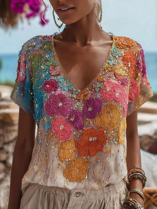 Women's Rainbow Floral Print Casual T-shirt