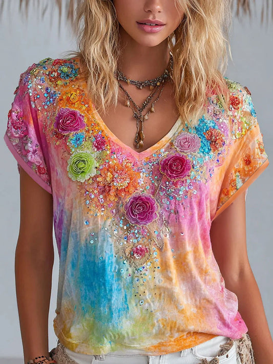 Women's Rainbow Floral Print Casual T-shirt