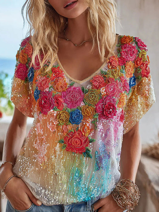 Women's Rainbow Floral Print Casual T-shirt