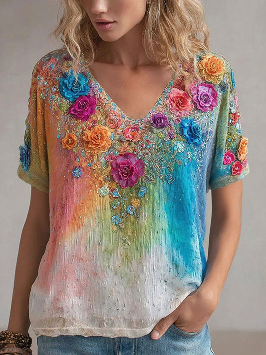 Women's Rainbow Floral Print Casual T-shirt