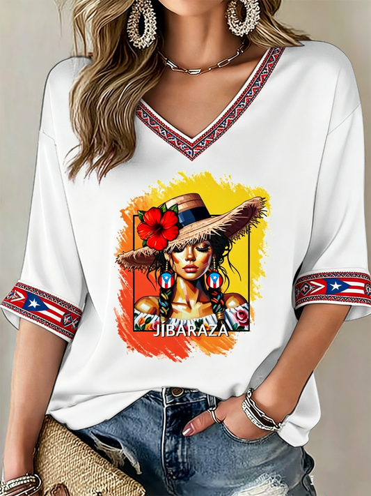 Women's Puerto Rico Printed Mid-length Sleeves V-Neck T-Shirt