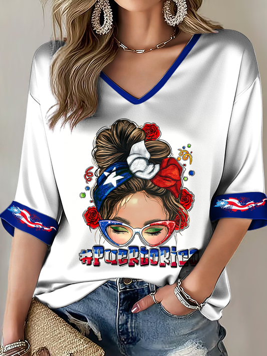 Women's Puerto Rico Printed Mid-length Sleeves V-Neck T-Shirt