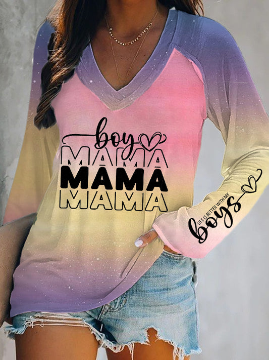 Women's Mother's Day Life is Better With My Boys Printed Double Layer Neck Long Sleeve T-Shirt