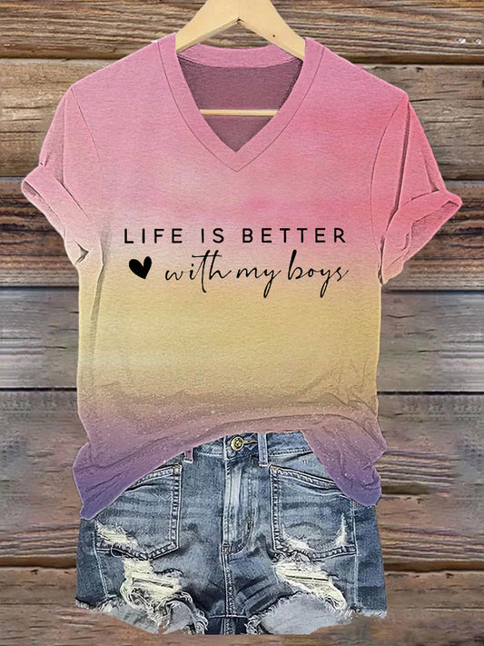 Women's Mother's Day Life is Better With My Boys Printed Short-sleeved T-shirt