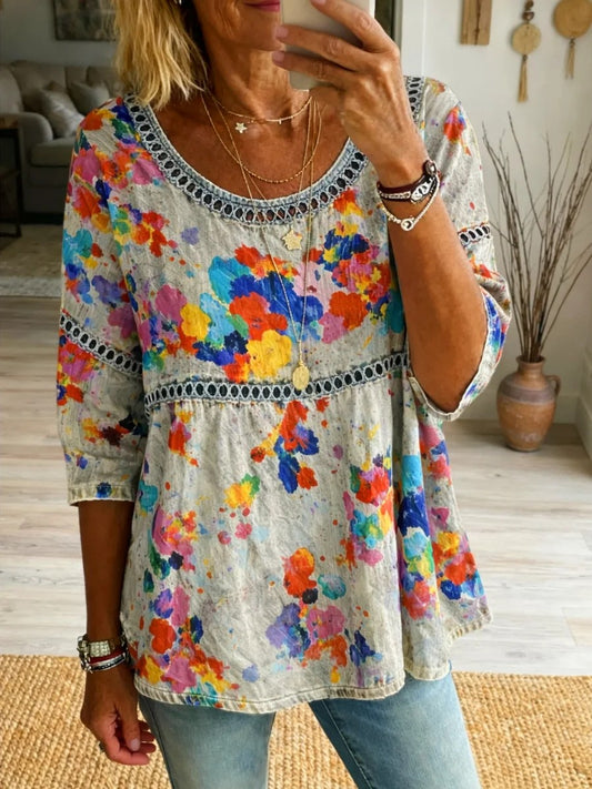 Women's Rainbow Art Print Casual Round Neck Hollow-out Top