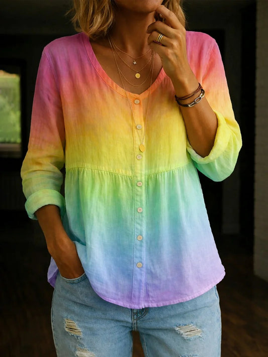 Women's Rainbow Art Print Cotton-Linen Shirt