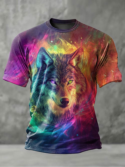 Men's Rainbow Wolf Art Print Casual T-Shirt
