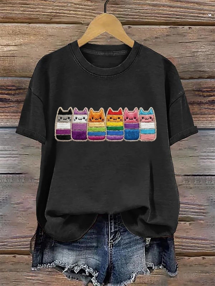 Women's Pride Month Cat Print T-shirt