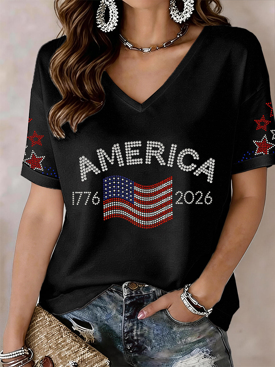 Women's Sparkly Rhinestone America 1776-2026 V-Neck T-Shirt