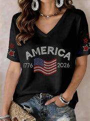 Women's Sparkly Rhinestone America 1776-2026 V-Neck T-Shirt