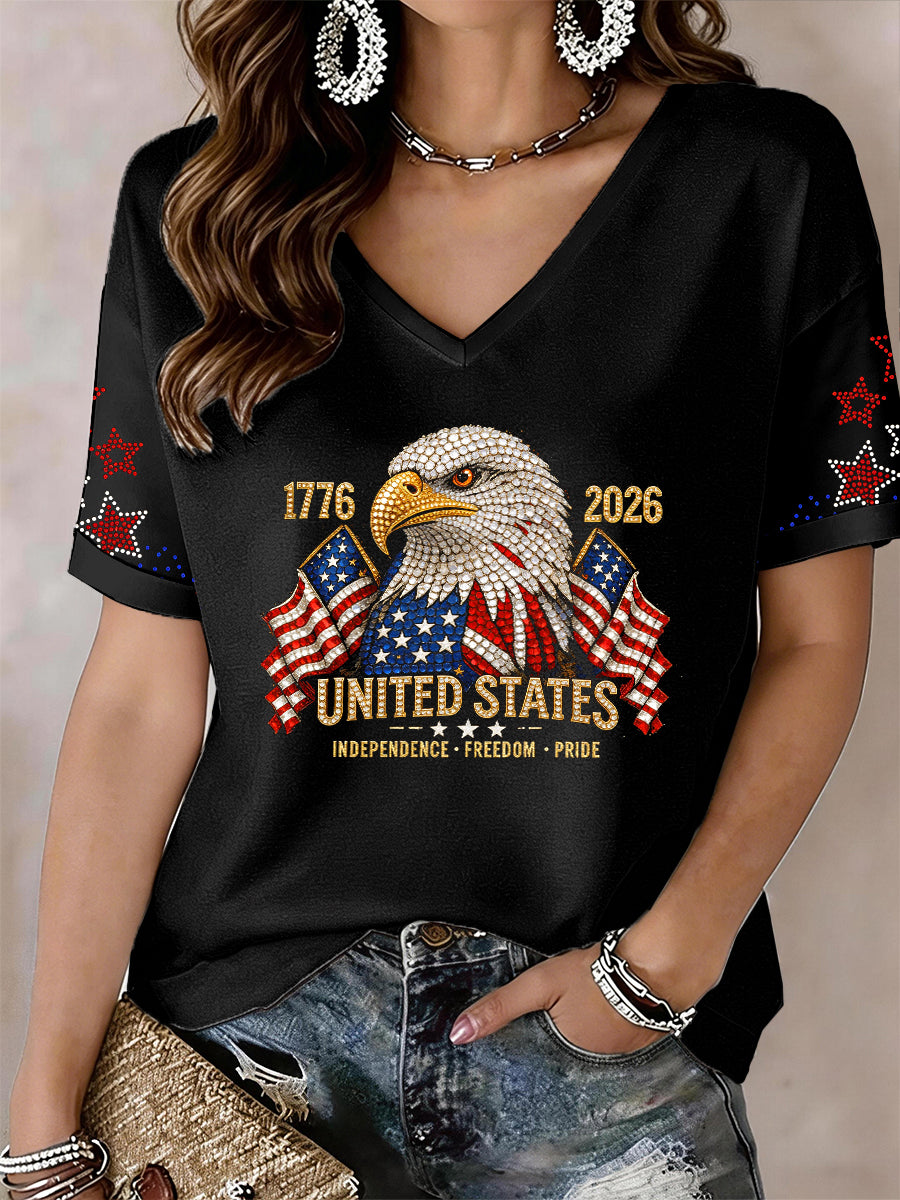 Women's USA 1776-2026 Sparkly Rhinestone V-Neck T-Shirt