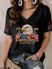Women's USA 1776-2026 Sparkly Rhinestone V-Neck T-Shirt