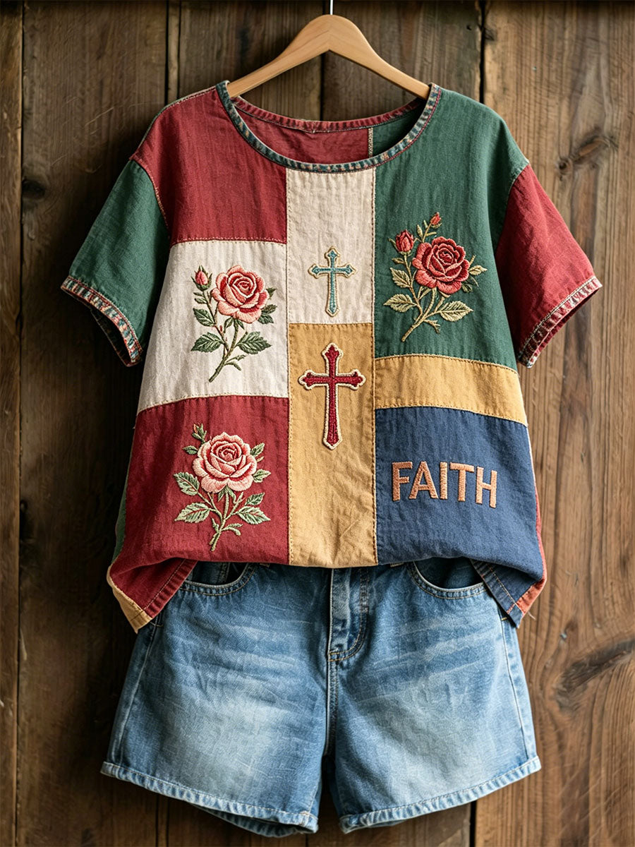 Women's Floral Cross Print Casual T-shirt