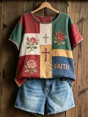 Women's Floral Cross Print Casual T-shirt