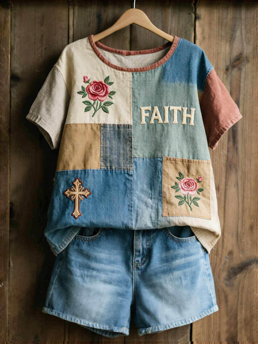Women's Floral Cross Print Casual T-shirt
