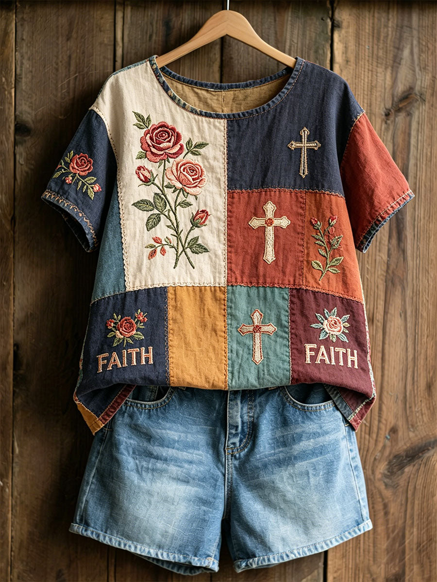 Women's Floral Cross Print Casual T-shirt