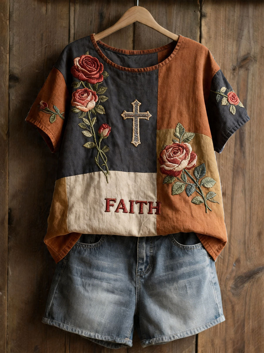 Women's Floral Cross Print Casual T-shirt