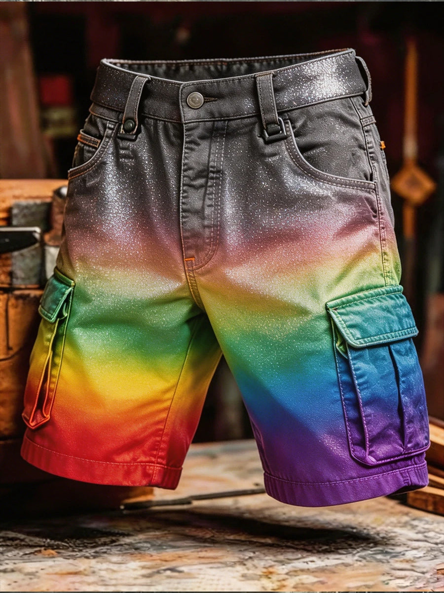 Men's Pride Month: Retro-Chic, Rainbow-Art Style Cargo Shorts
