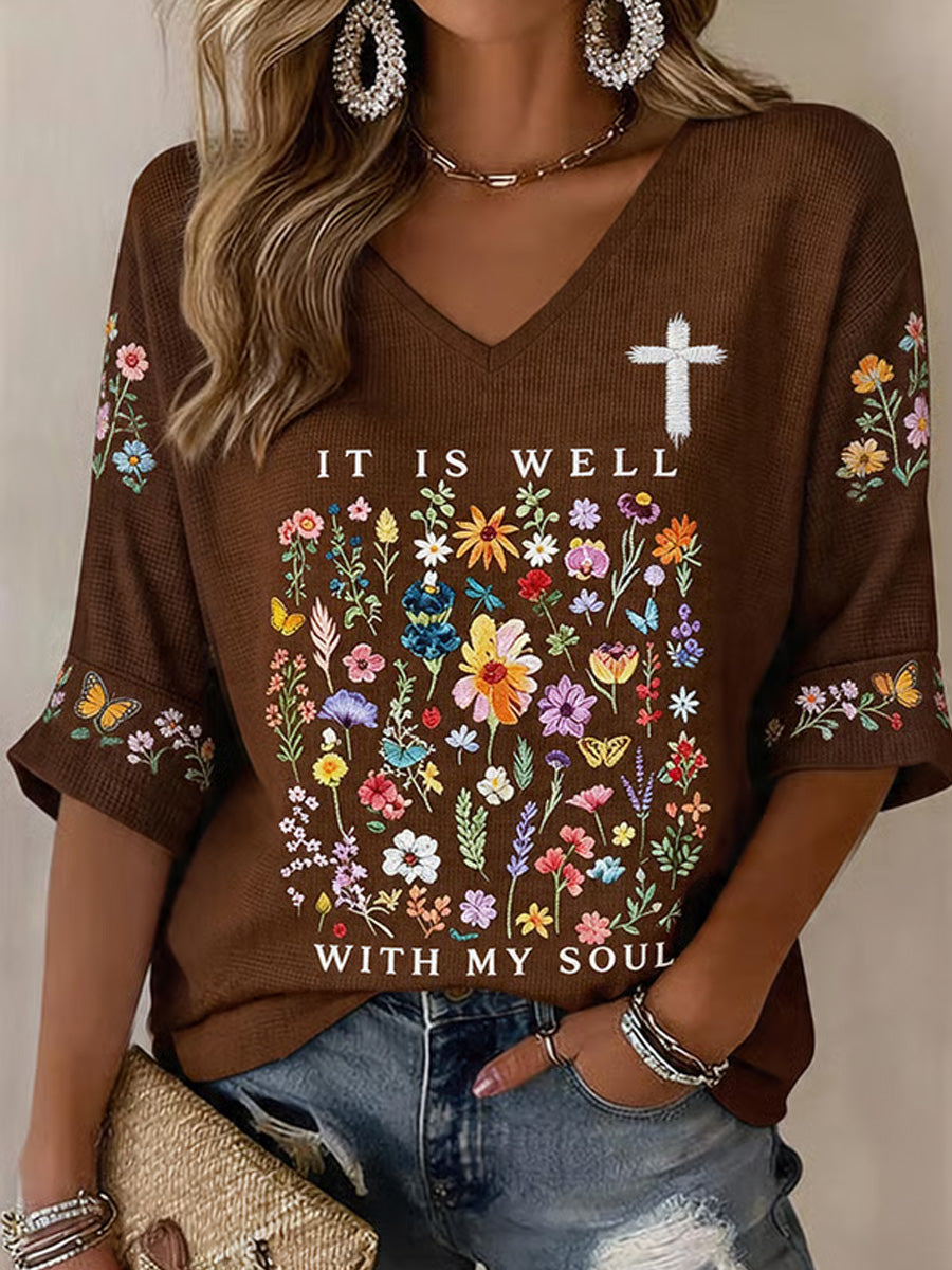 Women's It Is Well With My Soul Floral Print Waffle V-Neck Tee