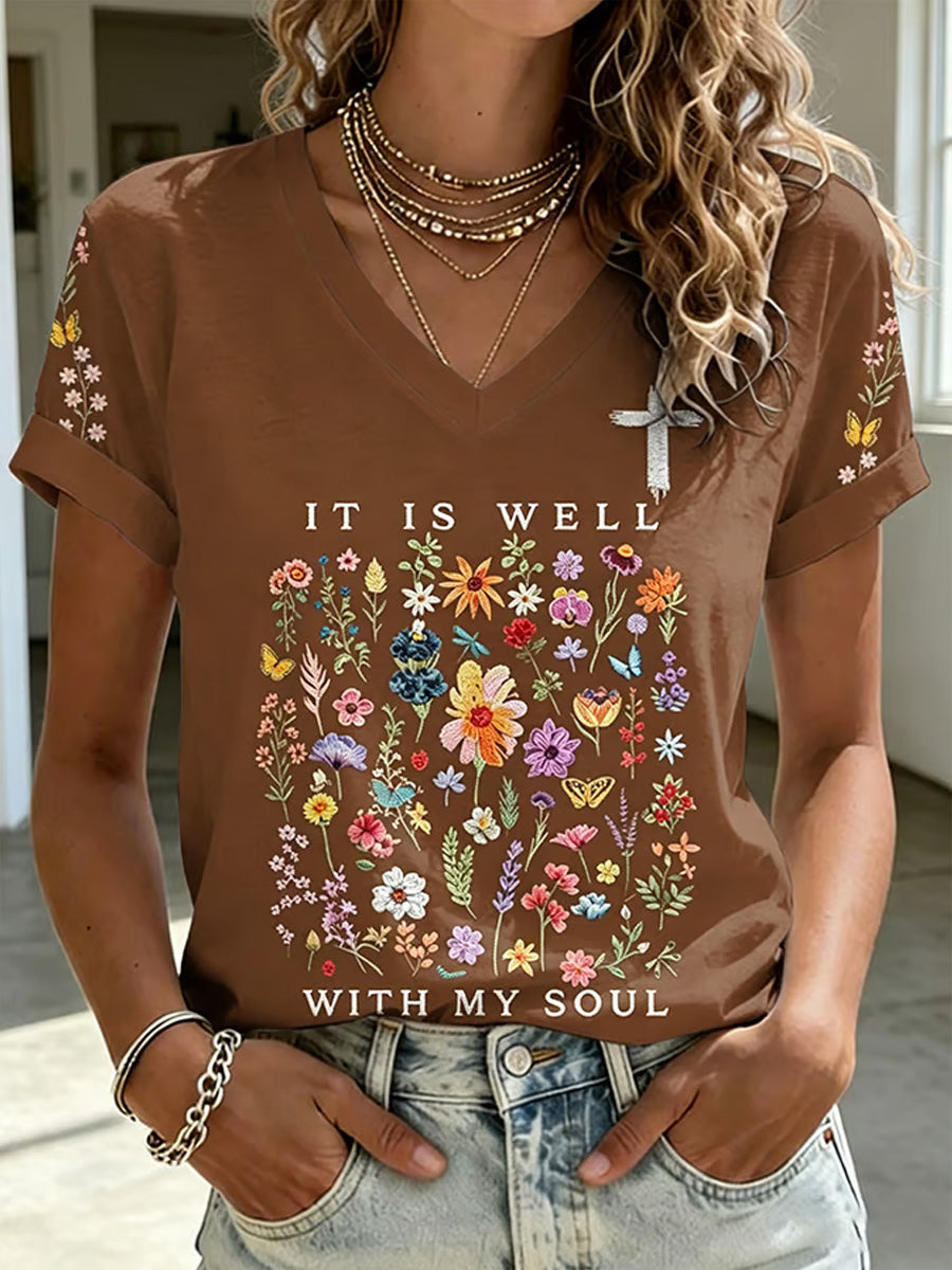 Women's It Is Well With My Soul Floral Print Casual V-NeckTee