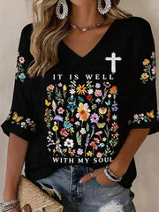 Women's It Is Well With My Soul Floral Print Waffle V-Neck Tee