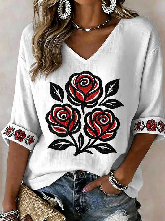 Women's Indigenous Floral Print Casual T-shirt
