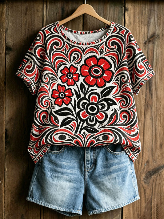 Women's Indigenous Floral Print Casual T-shirt