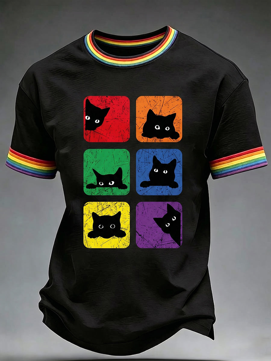 Men's Pride Month Rainbow Cat Art Short Sleeve T-shirt